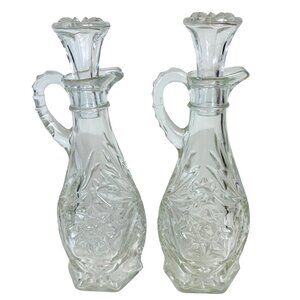 Pair Of Glass Cruet Bottles With Stoppers Floral Starburt Pattern Oil Vinegar